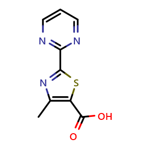 Chemical structure of 4-Methyl-2-pyrimidin-2-yl-1,3-thiazole-5-carboxylic acid , CAS 1104276-29-0, AChemBlock X196319