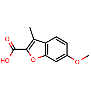 Chemical structure of 6-Methoxy-3-methyl-1-benzofuran-2-carboxylic acid , CAS 10410-29-4, AChemBlock X196320