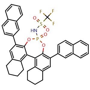Chemical structure of 1,1,1-Trifluoro-N-[(11bR)-8,9,10,11,12,13,14,15-octahydro-2,6-di-2-naphthalenyl-4-oxidodinaphtho[2,1-d:1',2'-f][1,3,2]dioxaphosphepin-4-yl]methanesulfonamide , CAS 1261302-61-7, AChemBlock X196562