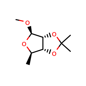 Chemical structure of Methyl 5-deoxy-2,3-O-isopropylidene-beta-D-ribofuranoside , CAS 23202-81-5, AChemBlock X196627