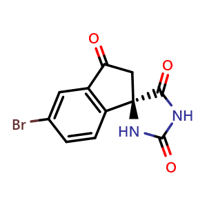 Chemical structure of (R)-5'-Bromospiro[imidazolidine-4,1'-indene]-2,3',5(2'H)-trione , CAS 2489686-94-2, AChemBlock X196684
