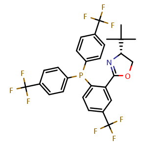 Chemical structure of (4R)-2-[2-[Bis[4-(trifluoromethyl)phenyl]phosphino]-5-(trifluoromethyl)phenyl]-4-tert-butyl-4,5-dihydrooxazole , CAS 1006708-91-3, AChemBlock X196708