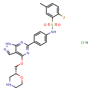 Chemical structure of (R)-2-Fluoro-5-methyl-N-(4-(4-(morpholin-2-ylmethoxy)-1H-pyrazolo[3,4-d]pyrimidin-6-yl)phenyl)benzenesulfonamide hydrochloride , CAS 2832888-22-7, AChemBlock X196842
