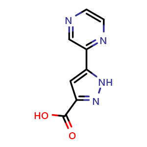 Chemical structure of 5-(Pyrazin-2-yl)-1H-pyrazole-3-carboxylic acid , CAS 1029108-75-5, AChemBlock X196855
