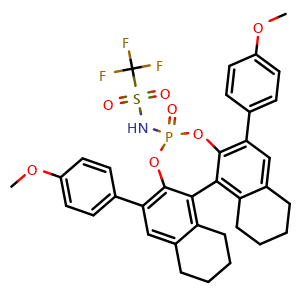Chemical structure of 1,1,1-Trifluoro-N-[(11bR)-8,9,10,11,12,13,14,15-octahydro-2,6-bis(4-methoxyphenyl)-4-oxidodinaphtho[2,1-d:1',2'-f][1,3,2]dioxaphosphepin-4-yl]methanesulfonamide , CAS 1071853-99-0, AChemBlock X196914