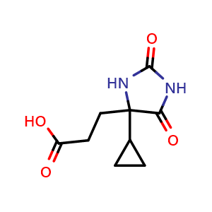Chemical structure of 3-(4-Cyclopropyl-2,5-dioxoimidazolidin-4-yl)propanoic acid , CAS 1822506-78-4, AChemBlock X197114