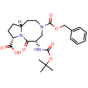 Chemical structure of (5S,8S,10aR)-3-((Benzyloxy)carbonyl)-5-((tert-butoxycarbonyl)amino)-6-oxodecahydropyrrolo[1,2-a][1,5]diazocine-8-carboxylic acid , CAS 1151889-89-2, AChemBlock X197124