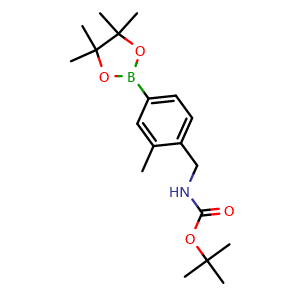 Chemical structure of tert-Butyl (2-methyl-4-(4,4,5,5-tetramethyl-1,3,2-dioxaborolan-2-yl)benzyl)carbamate , CAS 1798791-43-1, AChemBlock X197159