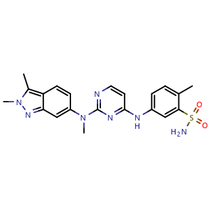Chemical structure of 5-((2-((2,3-Dimethyl-2H-indazol-6-yl)(methyl)amino)pyrimidin-4-yl)amino)-2-methylbenzenesulfonamide , CAS 2369664-19-5, AChemBlock X197253