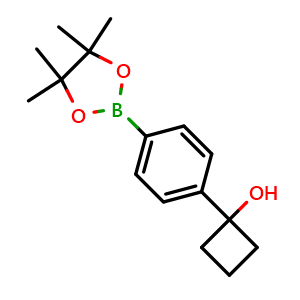 Chemical structure of 1-[4-(4,4,5,5-Tetramethyl-1,3,2-dioxaborolan-2-yl)phenyl]cyclobutanol , CAS 1398331-98-0, AChemBlock X197295