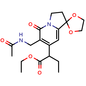Chemical structure of Ethyl 2-(6-(acetamidomethyl)-5-oxo-2,3-dihydro-5H-spiro[indolizine-1,2'-[1,3]dioxolan]-7-yl)butanoate , CAS 127452-30-6, AChemBlock X197318