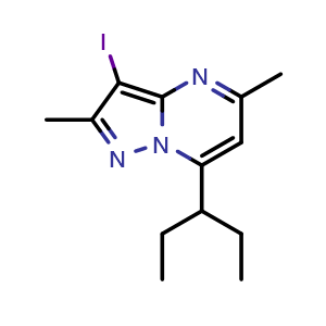 Chemical structure of 3-Iodo-2,5-dimethyl-7-(pentan-3-yl)pyrazolo[1,5-a]pyrimidine , CAS 1013427-04-7, AChemBlock X197321