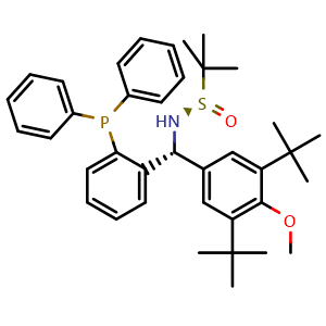 Chemical structure of [S(R)]-N-[(R)-[3,5-Bis(1,1-dimethylethyl)-4-methoxyphenyl][2-(diphenylphosphino)phenyl]methyl]-2-methyl-2-propanesulfinamide , CAS 1616688-64-2, AChemBlock X197414