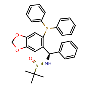 Chemical structure of [S(R)]-N-[(R)-[6-(Diphenylphosphino)benzo[d][1,3]dioxol-5-yl]phenylmethyl]-2-methyl-2-propanesulfinamide , CAS 2565792-84-7, AChemBlock X197418