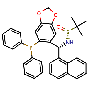 Chemical structure of [S(R)]-N-[(R)-[6-(Diphenylphosphino)benzo[d][1,3]dioxol-5-yl]-1-naphthalenylmethyl]-2-methyl-2-propanesulfinamide , CAS 2565792-59-6, AChemBlock X197419