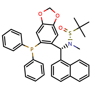 Chemical structure of [S(R)]-N-[(R)-[6-(Diphenylphosphino)benzo[d][1,3]dioxol-5-yl]-1-naphthalenylmethyl]-N,2-dimethyl-2-propanesulfinamide , CAS 2565792-42-7, AChemBlock X197420