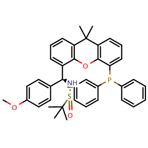 Chemical structure of [S(R)]-N-[(S)-[5-(Diphenylphosphino)-9,9-dimethyl-9H-xanthen-4-yl](4-methoxyphenyl)methyl]-2-methyl-2-propanesulfinamide , CAS 2160535-57-7, AChemBlock X197429