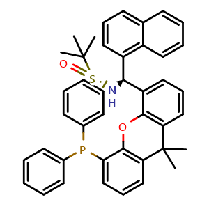Chemical structure of [S(R)]-N-[(S)-(1-naphthalenyl)[5-(diphenylphosphino)-9,9-dimethyl-9H-xanthen-4-yl]methyl]-2-methyl-2-propanesulfinamide , CAS 2565792-60-9, AChemBlock X197434