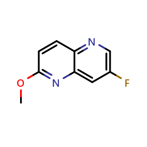 Chemical structure of 7-Fluoro-2-methoxy-1,5-naphthyridine , CAS 1003944-32-8, AChemBlock X197524