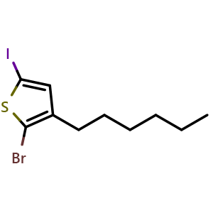 Chemical structure of 2-Bromo-3-hexyl-5-iodothiophene (stabilized with Copper chip) , CAS 160096-76-4, AChemBlock X198268