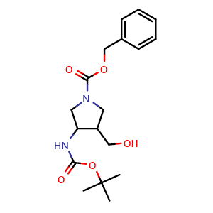 Chemical structure of Benzyl3-((tert-Butoxycarbonyl)amino)-4-(hydroxymethyl)pyrrolidine-1-carboxylate , CAS 1255099-67-2, AChemBlock X198374