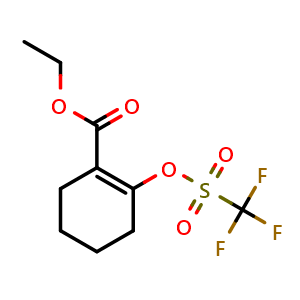 Chemical structure of Ethyl2-(((trifluoromethyl)sulfonyl)oxy)cyclohex-1-ene-1-carboxylate , CAS 122135-83-5, AChemBlock X198382