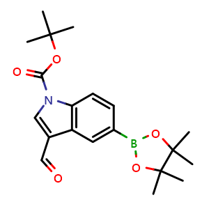 Chemical structure of Tert-butyl 3-formyl-5-(4,4,5,5-tetramethyl-1,3,2-dioxaborolan-2-yl)-1H-indole-1-carboxylate , CAS 1025707-92-9, AChemBlock X198405