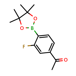 Chemical structure of 1-(3-Fluoro-4-(4,4,5,5-tetramethyl-1,3,2-dioxaborolan-2-yl)phenyl)ethan-1-one , CAS 1807685-51-3, AChemBlock X198421