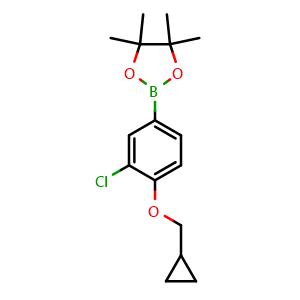 Chemical structure of 2-(3-Chloro-4-(cyclopropylmethoxy)phenyl)-4,4,5,5-tetramethyl-1,3,2-dioxaborolane , CAS 1860005-05-5, AChemBlock X198444