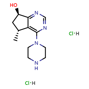 Chemical structure of (5R,7R)-5-Methyl-4-(piperazin-1-yl)-6,7-dihydro-5H-cyclopenta[d]pyrimidin-7-ol dihydrochloride , CAS 1001269-85-7, AChemBlock X198454