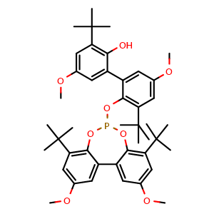 Chemical structure of 3,3'-Di-tert-butyl-2'-((4,8-di-tert-butyl-2,10-dimethoxydibenzo[d,f][1,3,2]dioxaphosphepin-6-yl)oxy)-5,5'-dimethoxy-[1,1'-biphenyl]-2-ol , CAS 108609-96-7, AChemBlock X198460