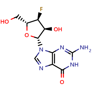 Chemical structure of 2-Amino-9-((2R,3S,4S,5R)-4-fluoro-3-hydroxy-5-(hydroxymethyl)tetrahydrofuran-2-yl)-1H-purin-6(9H)-one , CAS 123402-21-1, AChemBlock X198550