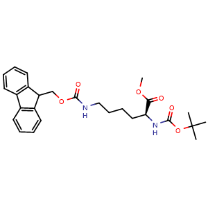 Chemical structure of (S)-Methyl 6-((((9H-fluoren-9-yl)methoxy)carbonyl)amino)-2-((tert-butoxycarbonyl)amino)hexanoate , CAS 133628-28-1, AChemBlock X198654