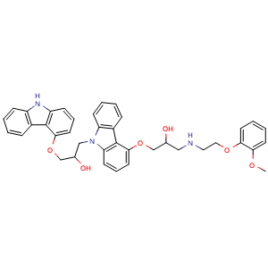 Chemical structure of 1-({9-[3-(9h-carbazol-4-yloxy)-2-hydroxypropyl]-9h-carbazol-4-yl}oxy)-3-{[2-(2-methoxyphenoxy)ethyl]amino}propan-2-ol , CAS 1391052-16-6, AChemBlock X199199