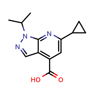 Chemical structure of 6-Cyclopropyl-1-(propan-2-yl)-1h-pyrazolo[3,4-b]pyridine-4-carboxylic acid , CAS 851288-57-8, AChemBlock X199267