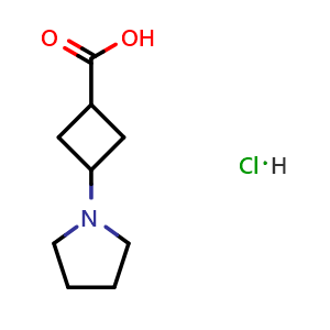 Chemical structure of 3-(Pyrrolidin-1-yl)cyclobutanecarboxylic acid hydrochloride , CAS 2470440-42-5, AChemBlock X199297
