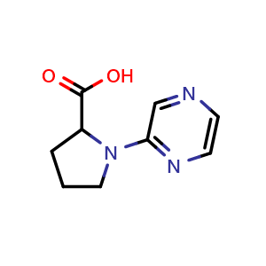 Chemical structure of 1-(Pyrazin-2-yl)pyrrolidine-2-carboxylic acid , CAS 1103848-03-8, AChemBlock X199349