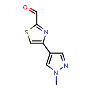 Chemical structure of 4-(1-Methyl-1h-pyrazol-4-yl)-1,3-thiazole-2-carbaldehyde , CAS 1339381-50-8, AChemBlock X199400