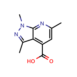 Chemical structure of 1,3,6-Trimethyl-1H-pyrazolo[3,4-b]pyridine-4-carboxylic acid , CAS 886503-44-2, AChemBlock X199462