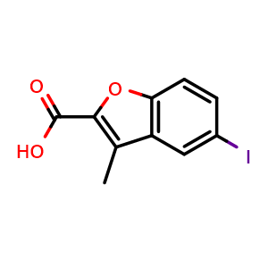 Chemical structure of 5-Iodo-3-methyl-1-benzofuran-2-carboxylic acid , CAS 284488-36-4, AChemBlock X199532