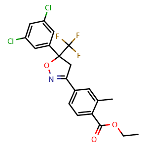 Chemical structure of Ethyl 4-(5-(3,5-dichlorophenyl)-5-(trifluoromethyl)-4,5-dihydroisoxazol-3-yl)-2-methylbenzoate , CAS 864725-61-1, AChemBlock X199575
