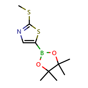 Chemical structure of 2-(Methylsulfanyl)-5-(4,4,5,5-tetramethyl-1,3,2-dioxaborolan-2-yl)-1,3-thiazole , CAS 2096331-12-1, AChemBlock X199626
