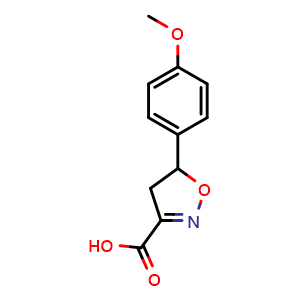 Chemical structure of 5-(4-Methoxyphenyl)-4,5-dihydro-1,2-oxazole-3-carboxylic acid , CAS 1018051-51-8, AChemBlock X199655
