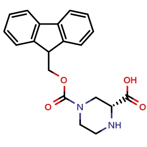 Chemical structure of (R)-4-(((9h-Fluoren-9-yl)methoxy)carbonyl)piperazine-2-carboxylic acid , CAS 747393-31-3, AChemBlock X199752