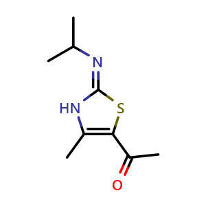 Chemical structure of 1-(2-(Isopropylimino)-4-methyl-2,3-dihydrothiazol-5-yl)ethan-1-one , CAS 938001-19-5, AChemBlock X199818