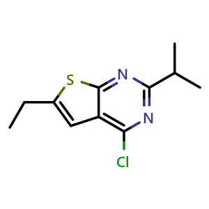 Chemical structure of 4-Chloro-6-ethyl-2-isopropylthieno[2,3-d]pyrimidine , CAS 502649-07-2, AChemBlock X199832