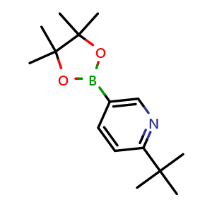 Chemical structure of 2-(Tert-butyl)-5-(4,4,5,5-tetramethyl-1,3,2-dioxaborolan-2-yl)pyridine , CAS 2223047-95-6, AChemBlock X199852