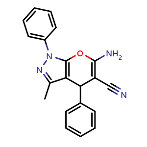 Chemical structure of 6-Amino-3-methyl-1,4-diphenyl-1,4-dihydropyrano[2,3-c]pyrazole-5-carbonitrile , CAS 53316-57-7, AChemBlock X199887