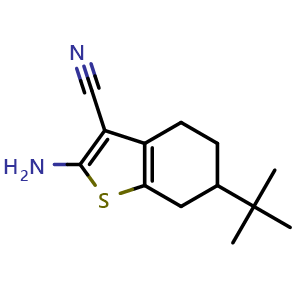 Chemical structure of 2-Amino-6-tert-butyl-4,5,6,7-tetrahydro-1-benzothiophene-3-carbonitrile , CAS 42159-76-2, AChemBlock X200089