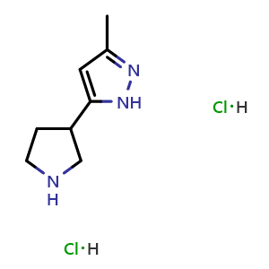 Chemical structure of 3-Methyl-5-(pyrrolidin-3-yl)-1H-pyrazole dihydrochloride , CAS 2173135-19-6, AChemBlock X200174